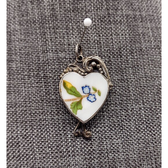 Vintage Floral China Heart Pendant Sterling Silver - Picture 1 of 2